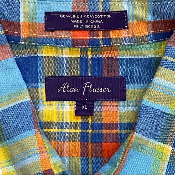 Alan Flusser Linen Blend Colorful Plaid Short Sleeve Camp Shirt Men's XL - Picture 6 of 7